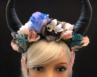Black Horned Silk Flower Crown with Pink, White and Blue Flowers and Feather Butterflies