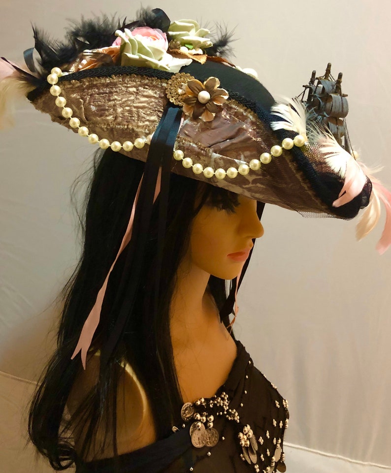 Stunning and Detailed Marie Antoinette 18th Century Tricorn Pirate Hat with a Galleon Ship with Faux Flowers, Feathers and Pearls 52cm crown image 2