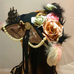 Stunning and Detailed Marie Antoinette 18th Century Tricorn Pirate Hat with a Galleon Ship with Faux Flowers, Feathers and Pearls 52cm crown image 3