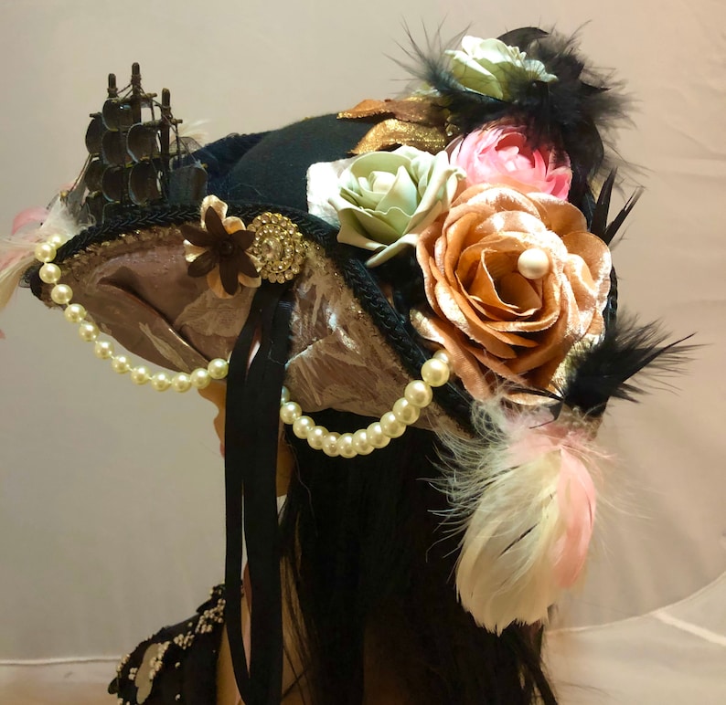 Stunning and Detailed Marie Antoinette 18th Century Tricorn Pirate Hat with a Galleon Ship with Faux Flowers, Feathers and Pearls 52cm crown image 3