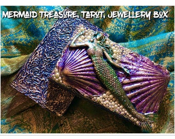 Mermaid  Treasure, Tarot, Jewellery Antique Vintage Look Box, Customised Box in Black, Blue, Green, Purple & Silver, Pearls, Blue AB Gems