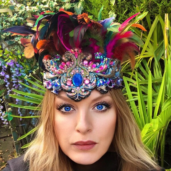 Inca Warrior, Priestess, Feathered Aztec Rainbow Warrior Multi Colour Gem Encrusted Headband Headdress