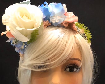Flower Crown with Pink, Blue & Ivory Silk Flowers