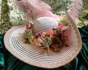 Marie Antoinette 18th Century French Ladies Wedding Ascot Hat with Silk Flowers, Pearls, 3 Little Feather Birds Ostrich Feather, French Lace