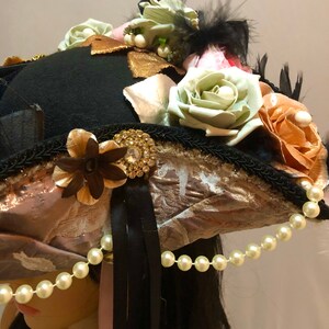 Stunning and Detailed Marie Antoinette 18th Century Tricorn Pirate Hat with a Galleon Ship with Faux Flowers, Feathers and Pearls 52cm crown image 10