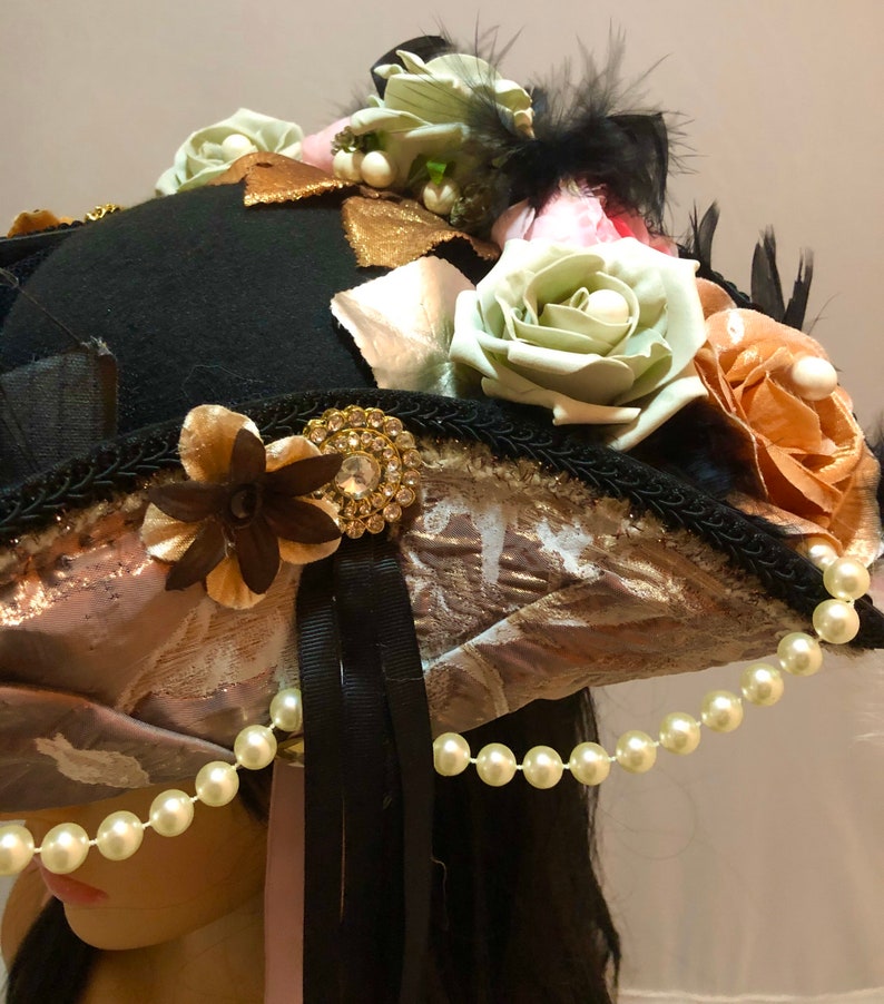 Stunning and Detailed Marie Antoinette 18th Century Tricorn Pirate Hat with a Galleon Ship with Faux Flowers, Feathers and Pearls 52cm crown image 10