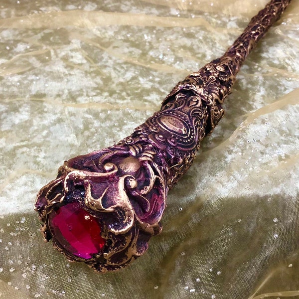 Soul Star Magenta Wand (20”/50cm long) Beautiful Gnarly Wand in Black with Gold, Bronze & Rec Gilding and large Magenta Gemstone