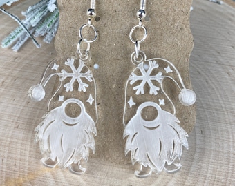 Bearded Gnome Laser Engraved Clear Acrylic Earrings | Christmas | Dangles | Hypoallergenic | Boho Jewelry | Gifts for her | Gifts for Teen