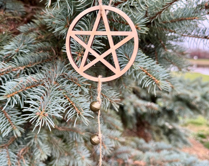 Pentacle & Bells Ornament | Witch Pagan Tarot | Maple Wood | Non-Religious | Decor | Hygge | Christmas Tree | Solstice Ritual | Yule Season