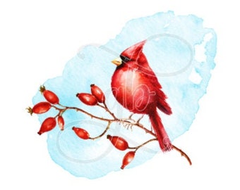 watercolor painting Bell ringer Angel and a Northern Cardinal original ACEO SantasSongbird