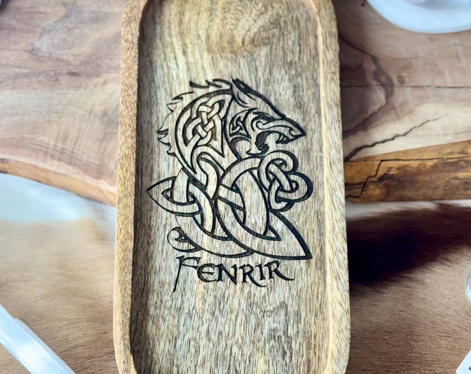 Engraved Fenrir Wolf Mango Wood Tray - Viking Altar Decor