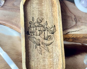 Mushroom Whale Engraved Mango Wood Key Ring Wallet Coin Pagan Occult Witchy Spiritual Gift Idea Valet Tray Altar Decor Crystal Bowl Tarot