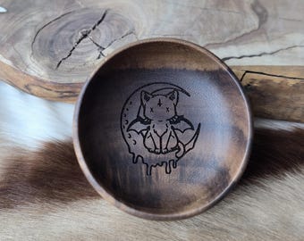 Chibi Winged Demon Kitty Acacia Bowl | Pagan Altar Tray, Crystal Dish