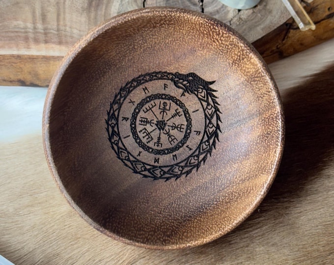 Ouroboros Jörmungandr Engraved Acacia Bowl | Pagan Altar | Valet Tray | Crystal & Coin Dish