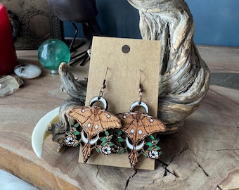 Death Moth & Flowers Design, Mahogany Dangle Wood Earrings, Hygge, Pagan Art, Witchy Decor, Cottagecore Jewelry, Forest Nymph, Gift For Her