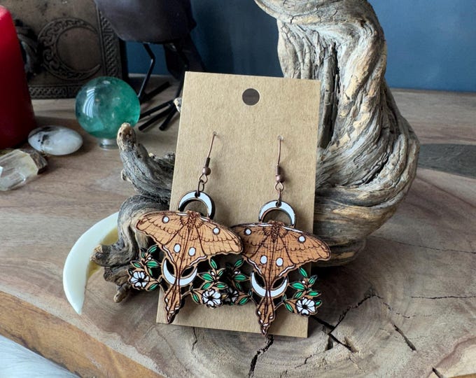 Death Moth & Flowers Design, Mahogany Dangle Wood Earrings, Hygge, Pagan Art, Witchy Decor, Cottagecore Jewelry, Forest Nymph, Gift For Her