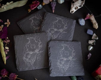 Slate Coasters, Raven Design, Pagan Decor, Witchy Decor, Gifts For Her, Norse Pagan Decor, Witchy Vibes,