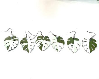 3d Printed Monstera Albo Borgiana Leaf Dangle Earrings, Hygge, Pagan Art, Witchy Decor, Cottagecore Jewelry, Forest Nymph, Gifts For Her