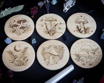 Laser Engraved Wooden Mushroom Coaster Set, Pagan Altar Decor