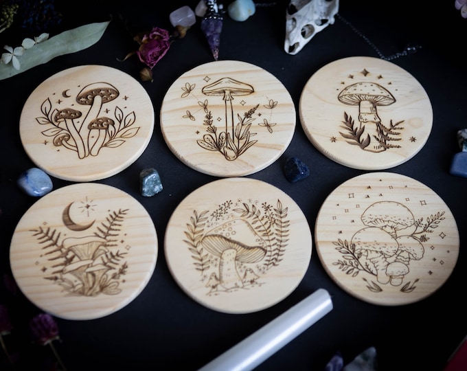 Wooden Coasters, Mushroom Coasters, Pagan Decor, Hygge Decor, Witchy Decor, Occult, Cottagecore Art, Gift Idea