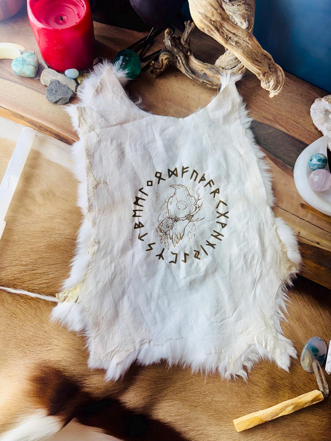 Futhark Runes Raven Skull & Moon Rabbit Hide Altar Cloth – Norse Pagan ...