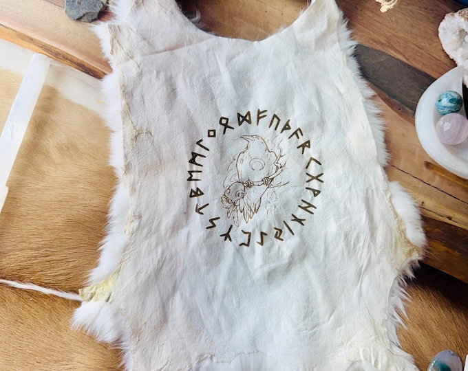 Futhark Runes Raven Skull & Moon Rabbit Hide Altar Cloth – Norse Pagan Ritual Centerpiece Mat – Genuine Fur (12"–16″)