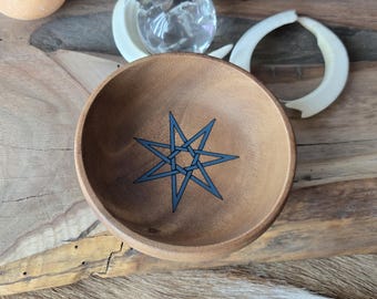 Seven Point Elven Star Engraved Acacia Wood Bowl, Altar Decor, Art Nouveau