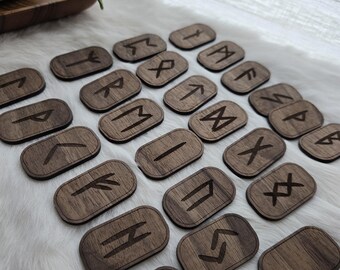 Engraved Solid Walnut Wood Viking Runes, Elder Futhark Divination Set, Casting Tools