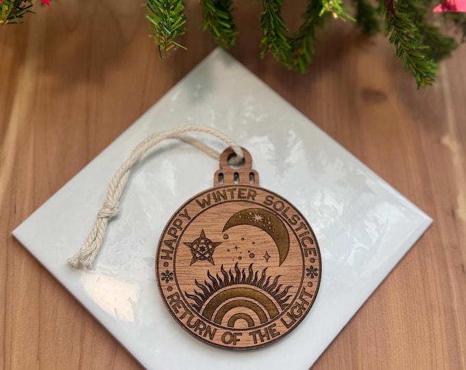 Happy Winter Solstice Ornament | Witch Pagan Tarot | Maple Wood | Non-Religious | Hygge | Christmas Tree | Solstice Ritual | Yule Season