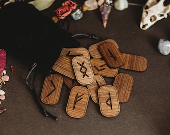 Solid Wood Engraved Viking Runes Elder Futhark Pagan Divination Gift Idea Norse Altar Northmen Fortune Telling Tarot
