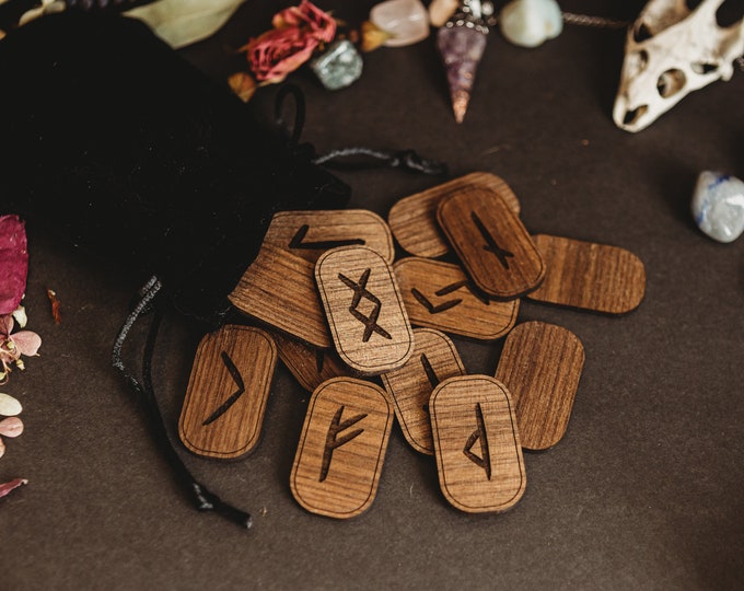 Solid Wood Engraved Viking Runes Elder Futhark Pagan Divination Gift Idea Norse Altar Northmen Fortune Telling Tarot