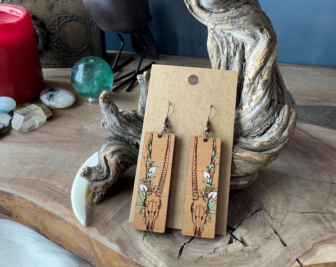 Deer Skull & Flowers Design, Mahogany Dangle Wood Earrings, Hygge, Pagan Art, Witchy Decor, Cottagecore Jewelry, Forest Nymph, Gift For Her