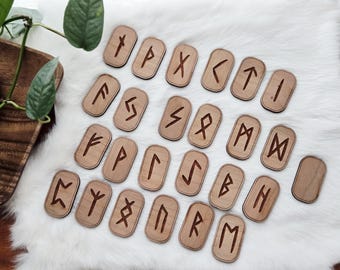 Engraved Solid Cherry Wood Viking Runes, Elder Futhark Divination Set, Casting Tools