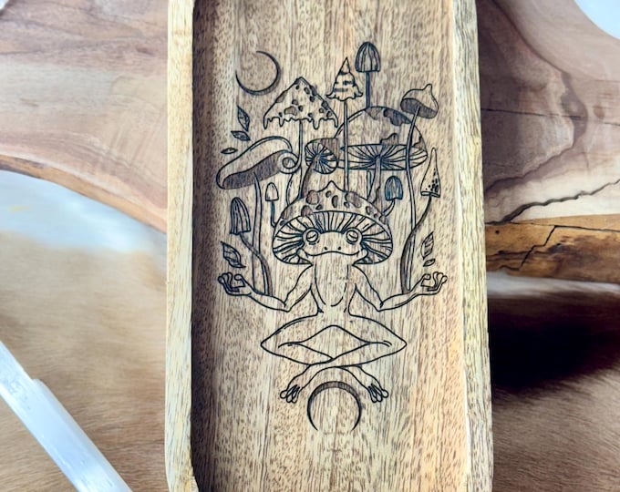 Hippie Frog Mushroom Engraved Mango Wood Key Ring Wallet Coin Pagan Occult Witchy Spiritual Gift Idea Valet Tray Altar Decor Crystal Bowl