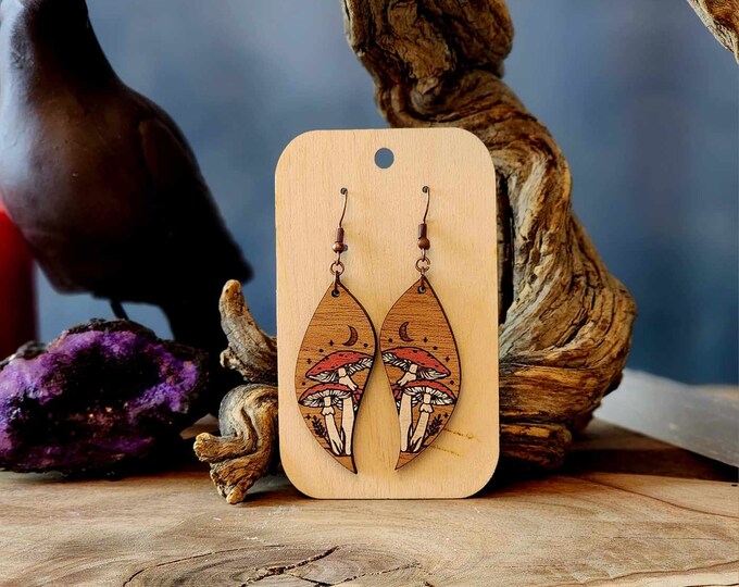 Mushroom 1 Design, Mahogany Dangle Wood Earrings, Hygge, Pagan Art, Witchy Decor, Cottagecore Jewelry, Forest Nymph, Fae Fairy, Gift For Her
