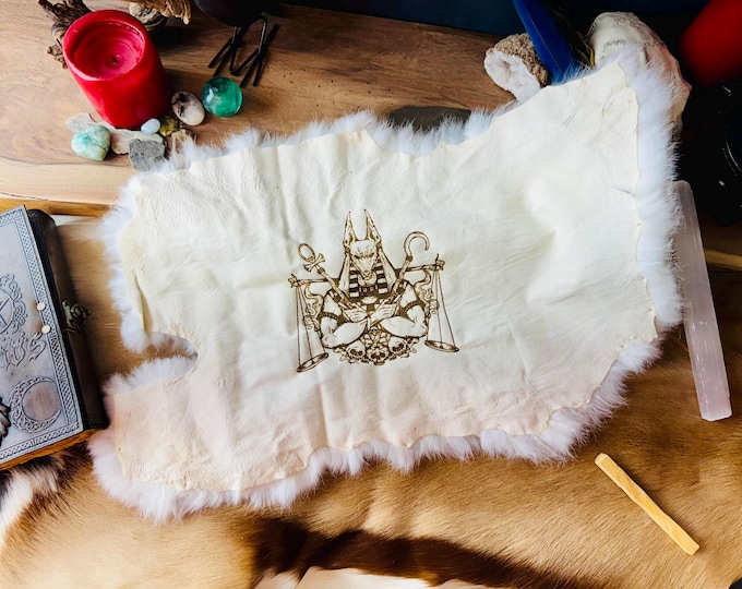 God Anubis Rabbit Hide Altar Cloth – Egyptian Pagan Ritual Centerpiece Mat – Genuine Fur (12"–16″)
