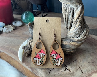 Hand Painted Mushroom Earrings, Mahogany Wood, Cottagecore Jewelry