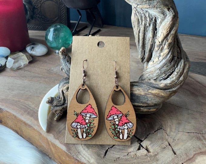 Mushroom 2 Design, Mahogany Dangle Wood Earrings, Hygge, Pagan Art, Witchy Decor, Cottagecore Jewelry, Forest Nymph, Fae Fairy, Gift For Her