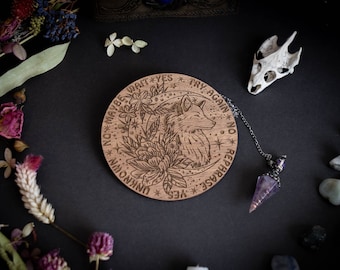 Wolf Head & Flowers Design Spirit Pendulum Board Divination Tarot Crystal Altar Decor