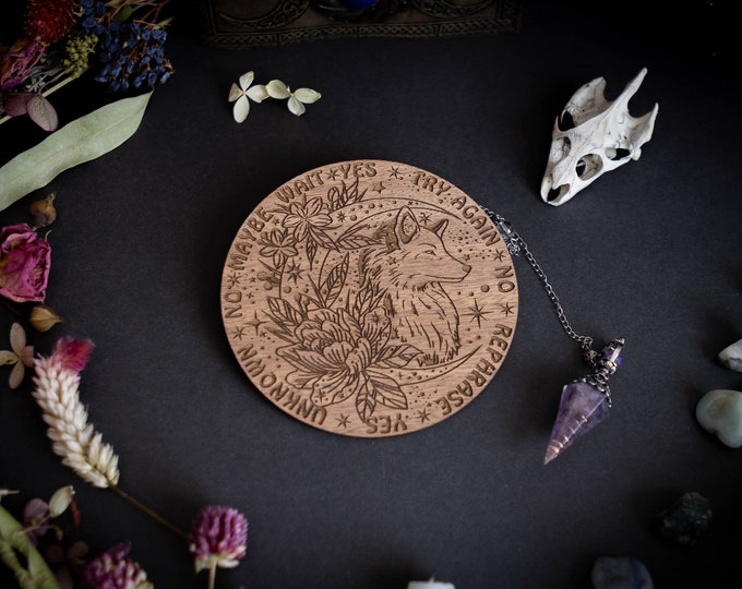 Wolf Head & Flowers Design Spirit Pendulum Board Divination Tarot Crystal Altar Decor