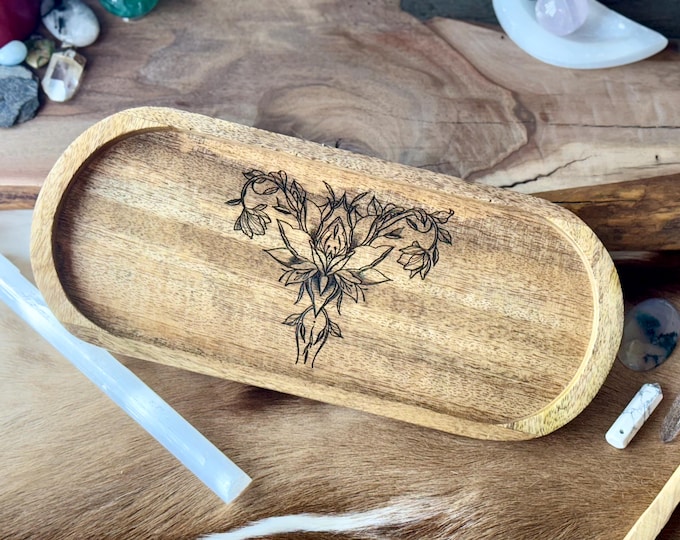 Floral Uterus Womanhood Mango Wood Key Ring Wallet Coin Pagan Occult Witchy Spiritual Gift Idea Valet Tray Altar Decor Crystal Bowl Tarot