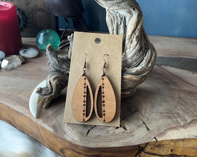 Abstract Art Nouveau Design, Mahogany Dangle Wood Earrings, Hygge, Pagan Art, Witchy Decor, Cottagecore Jewelry, Forest Nymph, Gift For Her