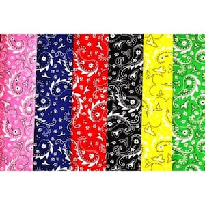 May include: A set of ten paisley patterned bandanas in various colors, including pink, blue, red, black, yellow, and green.