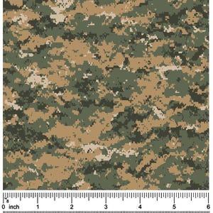 May include: Digital camouflage pattern in shades of green, brown, and tan. The pixelated design features a ruler at the bottom with inch and centimeter measurements. The pattern is suitable for various applications, including fabric and digital designs.
