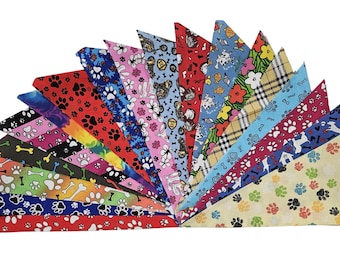 120 Assorted Pre Cut EVERYDAY Tieback Dog Grooming Bandanas / Groomers Bulk Package. Variety of patterns packed by size