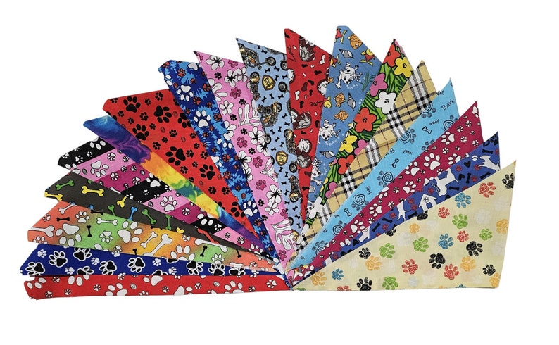 120 Assorted Pre Cut EVERYDAY Tieback Dog Grooming Bandanas / Groomers Bulk Package. Variety of patterns packed by size image 1