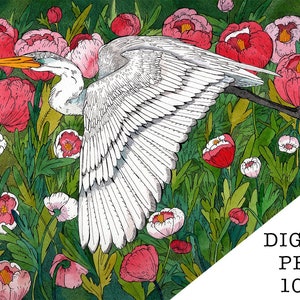 Digital Download Print White Egret Bird and Peony Flowers, White Egret Art Print