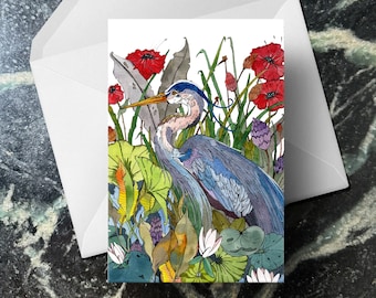 Watercolor Great Blue Heron Greeting Card, Blank Inside