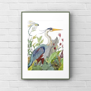 Blue Heron Bird Art Print. Blue Heron Bird Watercolor Print. Blue Heron Print.