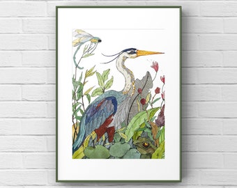 Blue Heron Watercolor Art Print, Dragonfly, Frog (Digital File)